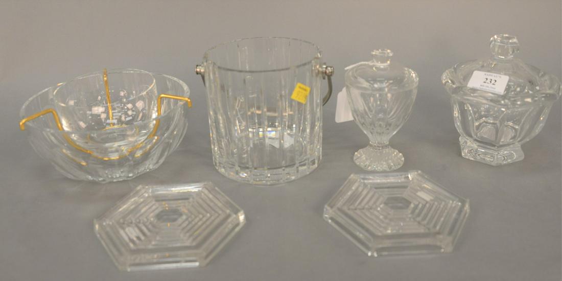 Group of six Baccarat crystal pieces to include a: Group of six Baccarat crystal pieces to include a mustard pot, pair of hot plates/coasters, covered jar, caviar serving dish, and a small bucket (Ht. 5 in.)