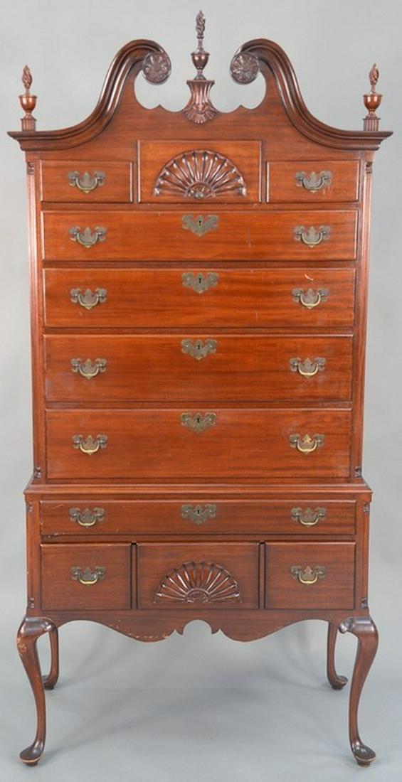 Fineberg mahogany Queen Anne style highboy in two parts: Fineberg mahogany Queen Anne style highboy in two parts with flame finials, ht. 79 in., wd. 37 in., dp 20 in.