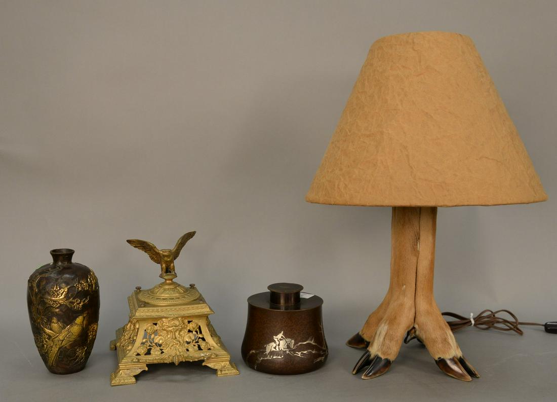 Four piece lot to include Asian bronze vase, Victorian: Four piece lot to include Asian bronze vase, Victorian inkwell with eagle finial on cover, bronze with sterling tobacco jar and deer hoof lamp.