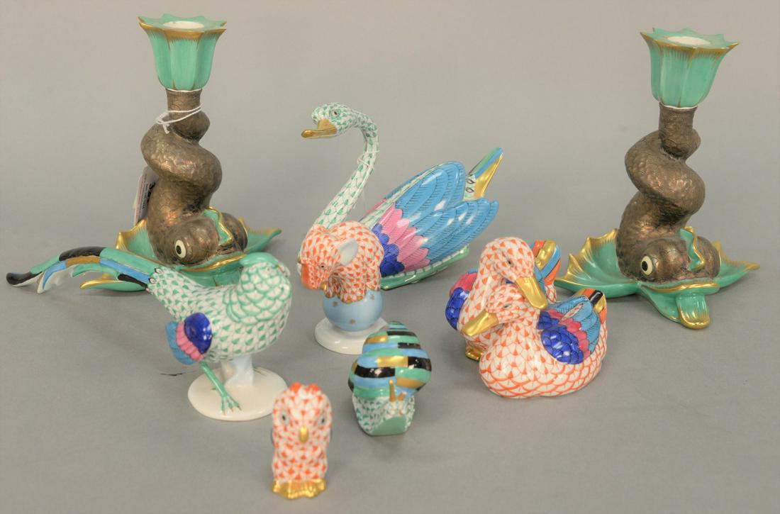 Eight piece Herend porcelain group to include a pair of: Eight piece Herend porcelain group to include a pair of dolphin candlesticks (chips), snail (as is), owl, elephant, ducks, a pheasant in green fishnet, and a swan. Ht. 1 1/2" to 5 3/4"