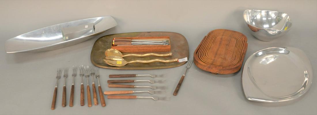 Group of modern items to include three aluminum pieces: Group of modern items to include three aluminum pieces marked Nambe, carved basket, forks, Los Castillo mixed media tray with figures marked "Los Castillo Taxco Mexico." Lg. 18 in.