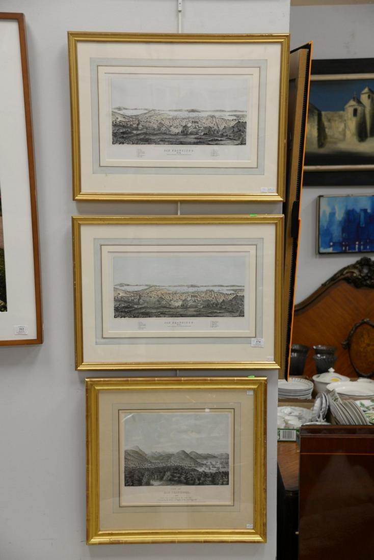 Set of three Henry Bill San Francisco hand colored: Set of three Henry Bill San Francisco hand colored lithographs, two from the History of the World by Henry Bill New York to include "San Francisco 1855" and "San Francisco 1854," along with "View of S