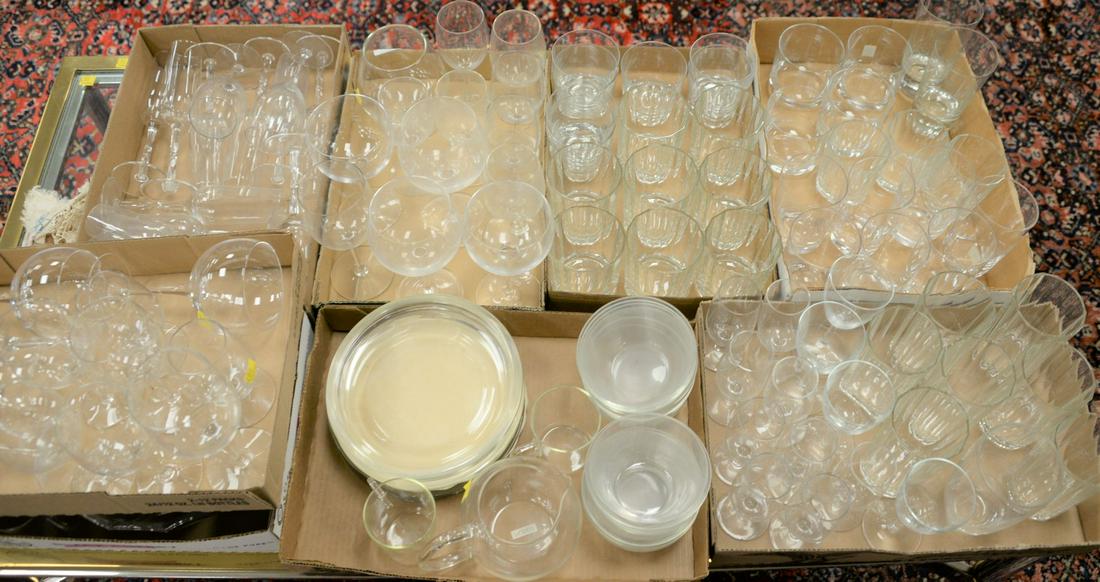 Eight tray lots of glass to include Schott Verran: Eight tray lots of glass to include Schott Verran glasses, stemware, red and white wine champagne crystal bowls and plates. Provenance: An Estate from 5th Avenue, New York