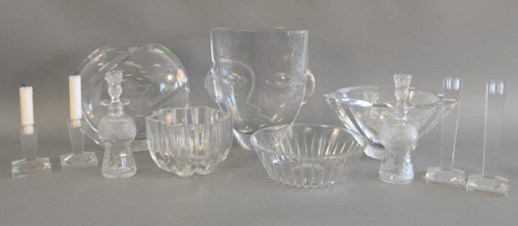 Eleven piece crystal group to include Orrefor's Face: Eleven piece crystal group to include Orrefor's Face glass vase, four Olge Cassini candlesticks, Edinburgh crystal bottles, Costa crystal bowl, Val St. Lambert bowl and two large Orrefors vases. cryst