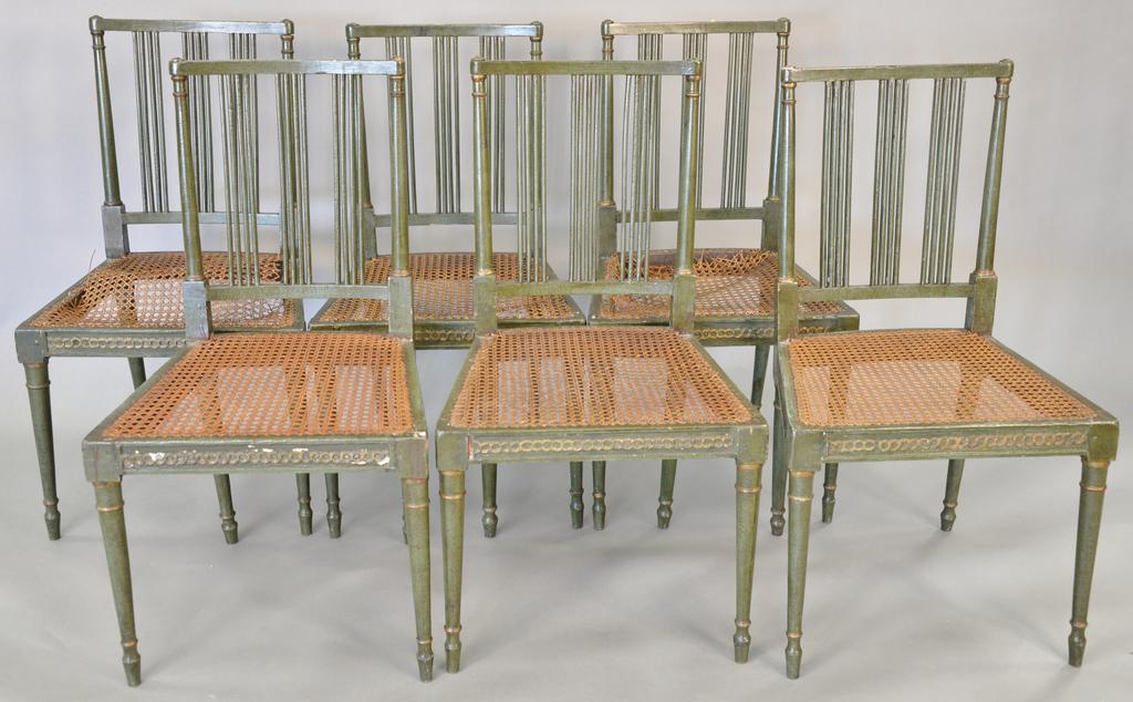 Set of six late George III style green painted and: Set of six late George III style green painted and parcel gilt side chairs, late 18th century, one inscribed MM. ht. 32 1/4 in., wd. 16 1/2 in.