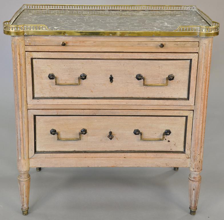Louis XVI style bleached mahogany commode, variegated: Louis XVI style bleached mahogany commode, variegated grey marble top, brass gallery, slide and two drawers. ht. 30 1/2 in., wd. 30 in.