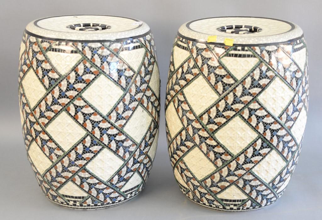 Pair of Minton Majolica garden seats having moorish: Pair of Minton Majolica garden seats having moorish mosaic motif stoke on trent, Staffordshire England 1882, marked Minton, one repair the other cracked. ht. 17 in.