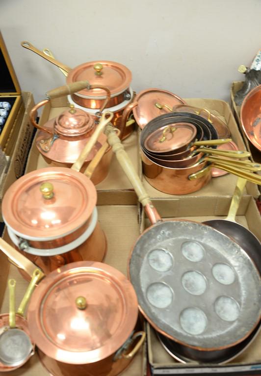 Four tray lots of copper pots including graduated pots: Four tray lots of copper pots including graduated pots with covers, etc.