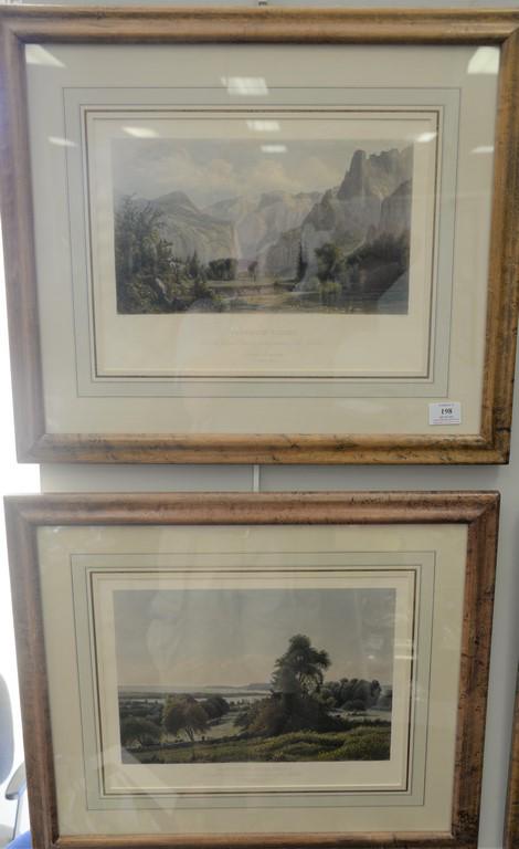 Set of four colored etchings to include William Pate: Set of four colored etchings to include William Pate New York "On the Prairie" Hinshelwood; "On the Housatonic", Hinshelwood; "Croton Point, on the Hudson"; after Hart "Yosemite Valley" Hinshelwood. s