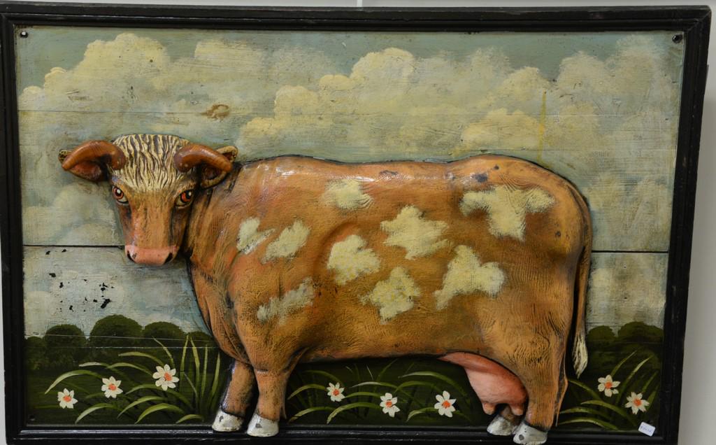 Carved three dimensional cow wall sculpture, 24" x 36".: Carved three dimensional cow wall sculpture, 24" x 36".