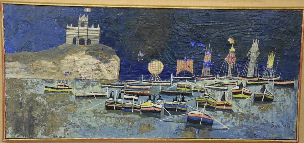 Nicola Simbari (1927 - 2012), oil on board, Barche Con: Nicola Simbari (1927 - 2012), oil on board, Barche Con Lampare Verdi E Viola, signed lower right "Simbari", 8" x 17 1/2".