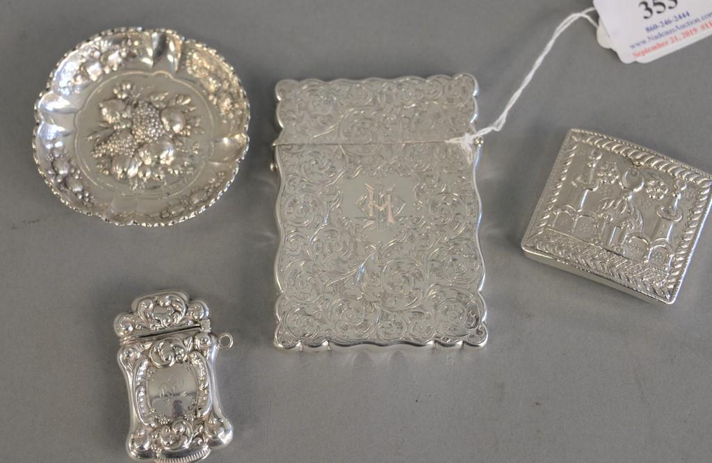 Four piece silver group to include Victorian silver: Four piece silver group to include Victorian silver card case, case scalloped and rectangular; a Turkish box; a nut dish and a Vesta case. Turkish box wd. 2 1/4 in., vest case lg. 2 3/4 in. 4.1 t.oz.