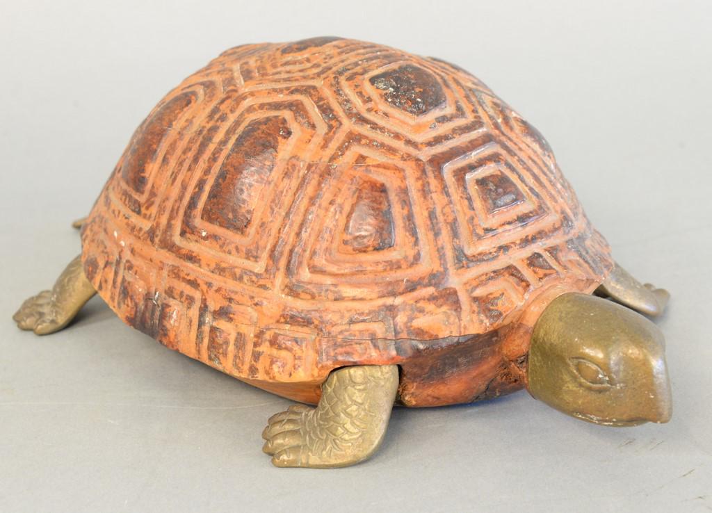 Carved figure of a turtle, brass mounted feet, head and: Carved figure of a turtle, brass mounted feet, head and tail. lg. 12 in.