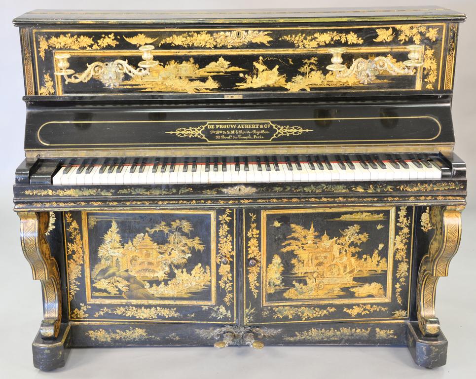 De Prouw Aubert upright piano, French chinoiserie: De Prouw Aubert upright piano, French chinoiserie decorated with Oriental figures and landscape scene mounted with double brass candle sconces marked De Provw Aubert Temple Paris. ht. 46 1/2 in., wd. 
