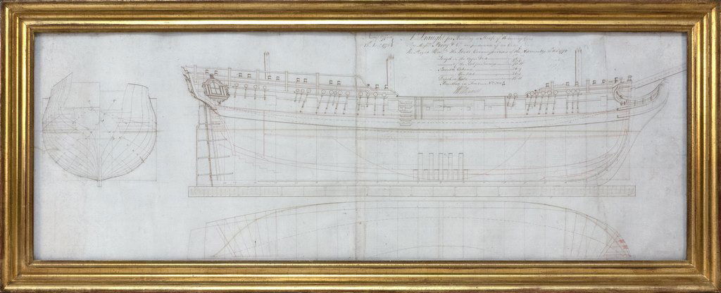SIR JOHN WILLIAMS (English, fl. 1760s-1780s), 1775 A: SIR JOHN WILLIAMS (English, fl. 1760s-1780s), 1775 A Draught for Building a Sloop of 14 Carriage Guns [HMS Hornet] Ink and pencil on laid paper (two heavy sheets joined), 13 1/2 x 38 in.; inscribed in