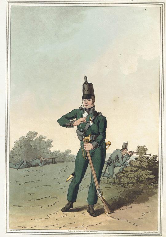 RICHARD HAVELL after GEORGE WALKER Rifleman of the: RICHARD HAVELL after GEORGE WALKER Rifleman of the North York Militia Regiment, c. 1814 (detail) Hand-colored, aquatint engraving, 14 3/4 x 10 3/4 in., published as 'Plate XXXI. North York Militia', i