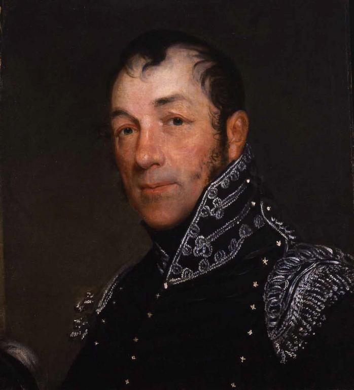 JOHN WESLEY JARVIS (1780-1840) Colonel James Burn, c.: JOHN WESLEY JARVIS (1780-1840) Colonel James Burn, c. 1814 oil on canvas, laid down on rockered panel, 20 1/8 x 18 1/4 in., within a carved and gilded, reproduction frame James Burn (1768-1831) of Sou