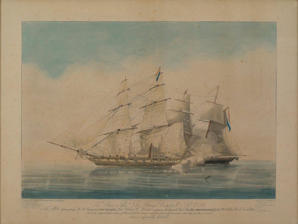 THE CAPTURE OF THE SPANISH SLAVER FORMIDABLE BY HMS: THE CAPTURE OF THE SPANISH SLAVER FORMIDABLE BY HMS BUZZARD, 17 DECEMBER 1834 Colored aquatint & etching, 18 1/2 x 24 1/2 in. (view), engraved by Edward Duncan after painting by painting by William J.