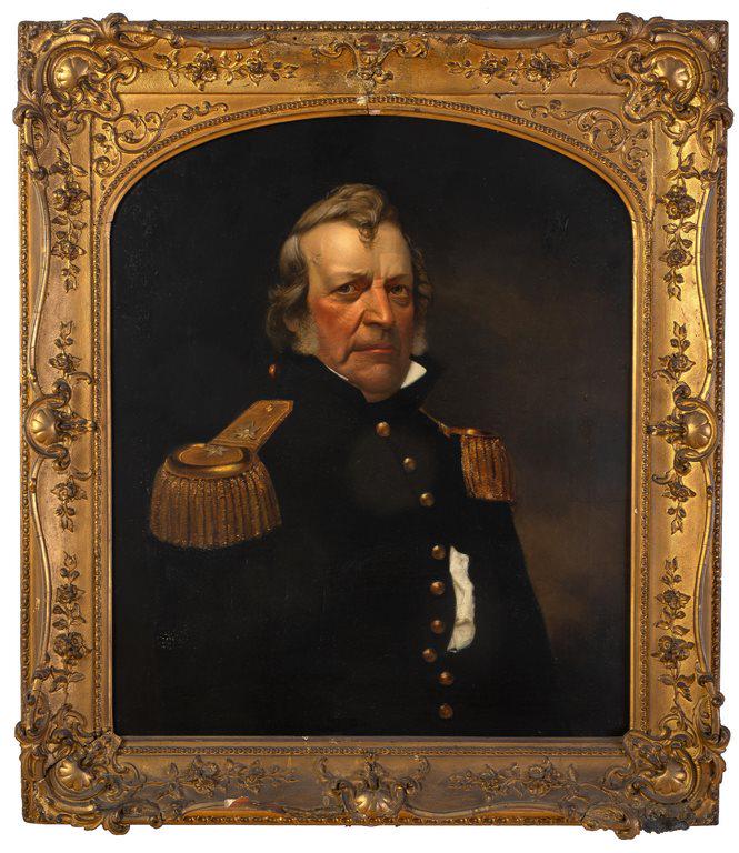 (A WAR OF 1812 KNICKERBOCKER HERO) L. TRONDLE: (A WAR OF 1812 KNICKERBOCKER HERO) L. TRONDLE (c.1790-1860?) Major General Garrit Hopper Striker, c. 1850 Oil on canvas, 31 x 25 in., signed in red, 'L[?] TRONDLE' on outer bullion fringe of right epa