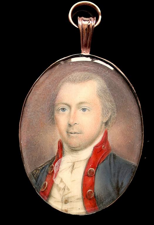 JAMES PEALE (1749-1831) American Captain of Artillery,: JAMES PEALE (1749-1831) American Captain of Artillery, 1789 watercolor, 1 3/4 x 1 1/2 inches, initialed and dated: 'IP/1789'; within original rose gold case A superb Peale miniature of an American art