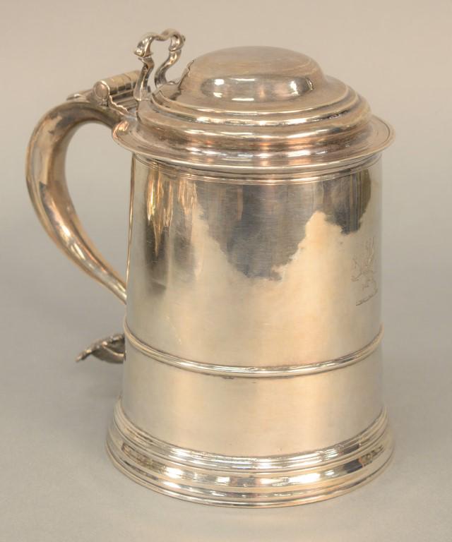 George II silver tankard, worn marks, date letter 1706,: George II silver tankard, worn marks, date letter 1706, repair to handle. height 7 inches, 22.8 troy ounces. Provenance: Tillou Gallery circa 1970.