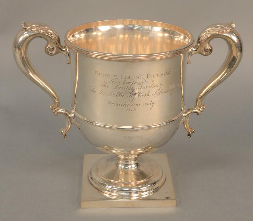 Sterling silver trophy, two handled cup, presented to: Sterling silver trophy, two handled cup, presented to Bessie L. Dickson Princeton University 1913. height 8 1/4 inches, 42.6 troy ounces.