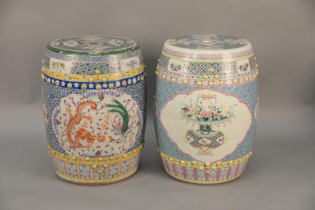Two Chinese garden seats, with enamel decoration, one: Two Chinese garden seats, with enamel decoration, one five claw dragon and phoenix bird design. height 18 inches. Provenance: Estate of Mark W. Izard MD, Cider Brook Road, Avon, CT