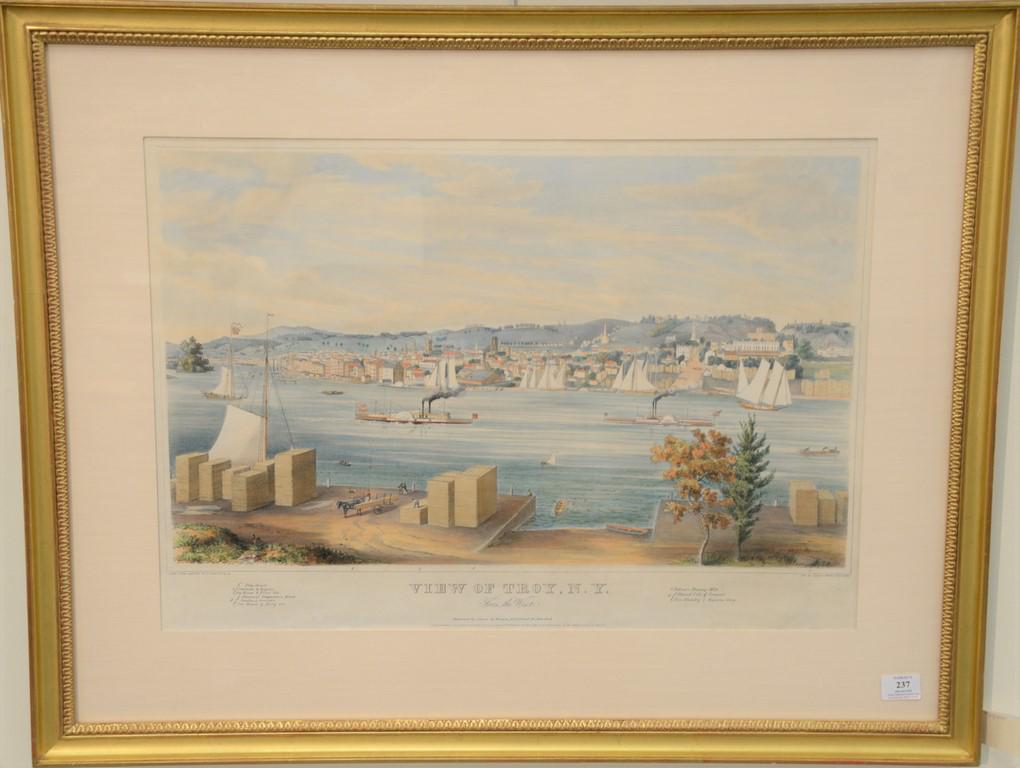 Lewis and Brown after Edwin Whitefield, hand colored: Lewis and Brown after Edwin Whitefield, hand colored lithograph, View of Troy, NY from the West, published by Lewis and Brown, New York 1845, sight size: 19 1/4" x 27 1/4". Provenance: Property from t