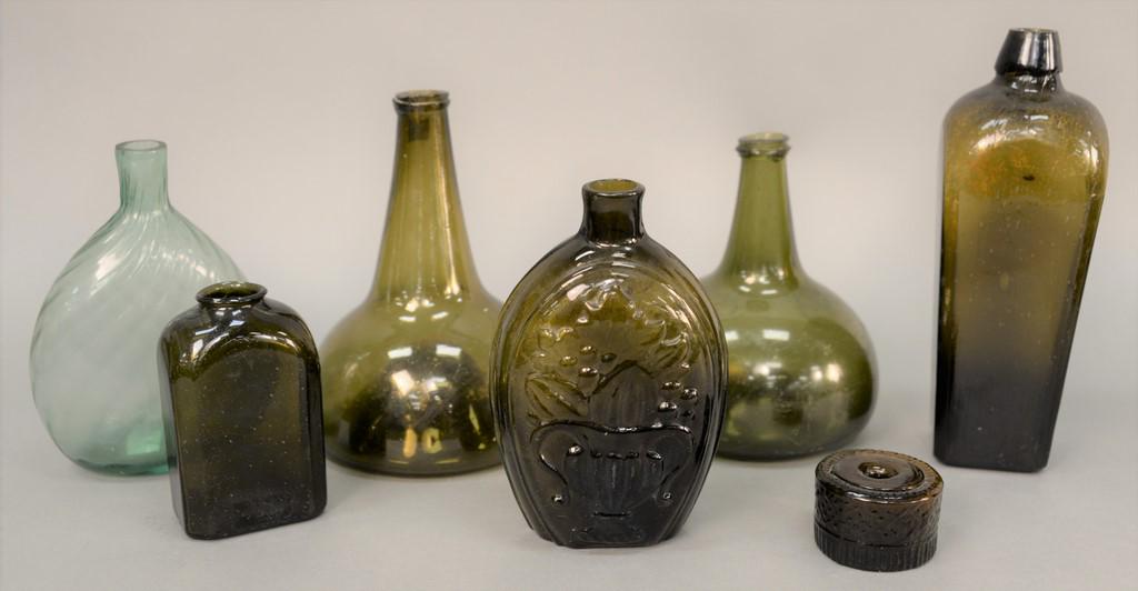 Early bottle lot, to include seven pieces including: Early bottle lot, to include seven pieces including flask, ink well, and five bottles. tallest 9 inches.