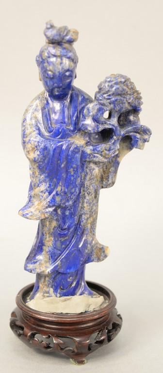 Lapis Lazuli Mei Jen figure, standing, figure holding a: Lapis Lazuli Mei Jen figure, standing, figure holding a flowering branch in long robe, #761, 1973 Sotheby Park Barnet catalog page and receipt copy $425. height 7 1/4 inches. Provenance: An Estate fro