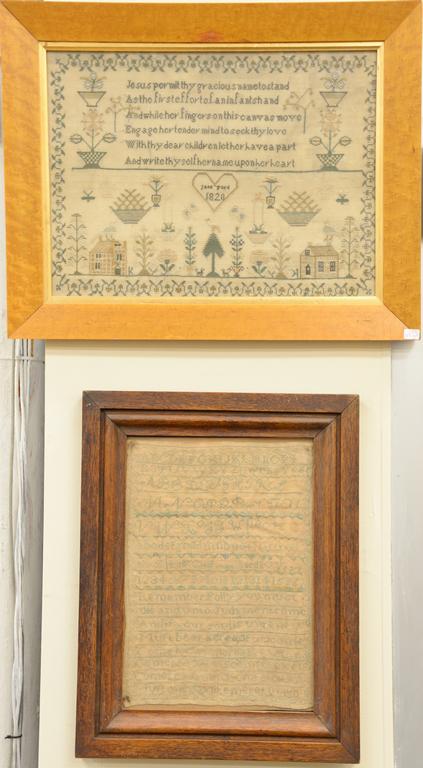 Two framed needlework samplers, Jane Ford 1820 along: Two framed needlework samplers, Jane Ford 1820 along with Alphabet sample with no date. Jane Ford 12 1/2" x 16", Alphabet 14" x 10".