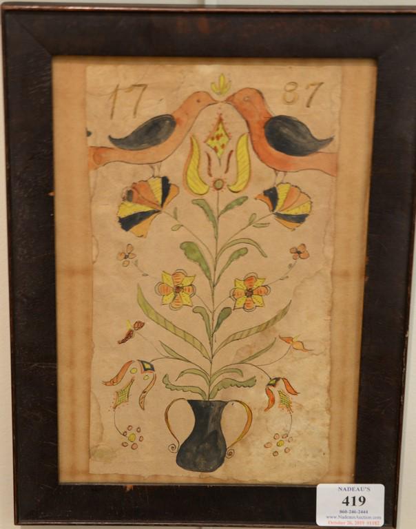 1787 Folk art Fraktur, watercolor and ink on paper, a: 1787 Folk art Fraktur, watercolor and ink on paper, a vase holding plant with flowers and two birds perched on top, mark 1787, sheet size: 9 1/2" x 5 1/4".