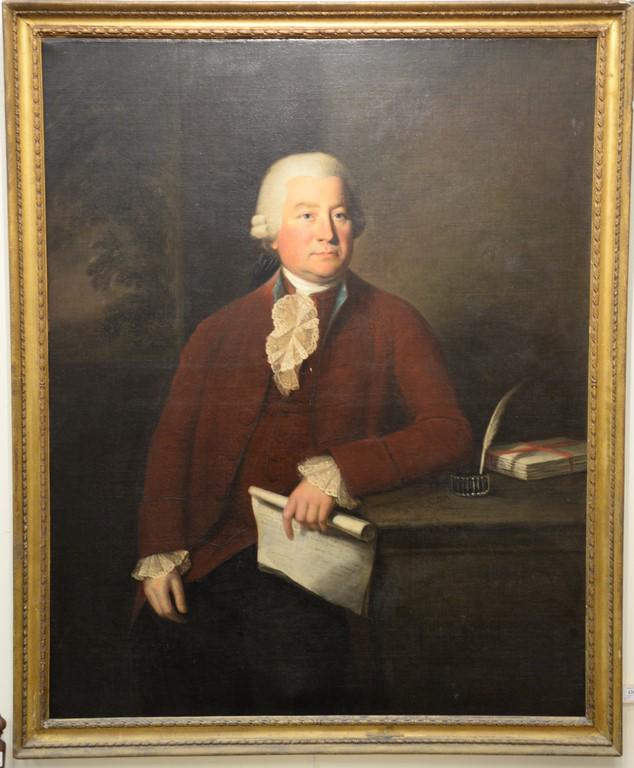 Attributed to Lemuel Francis Abbott (1760 - 1802), oil: Attributed to Lemuel Francis Abbott (1760 - 1802), oil on canvas, portrait of George Marsh (1722 - 1800) Commissioner of the Navy holding a letter with landscape in background, old label on back, unsi