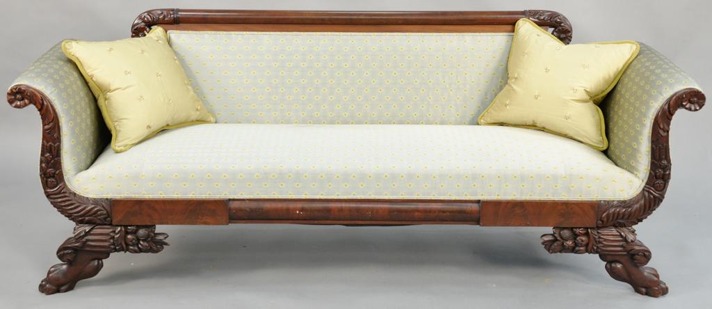 Federal mahogany sofa, with acanthus carved supports: Federal mahogany sofa, with acanthus carved supports and carved paw feet. height 31 1/2 inches, length 83 inches.
