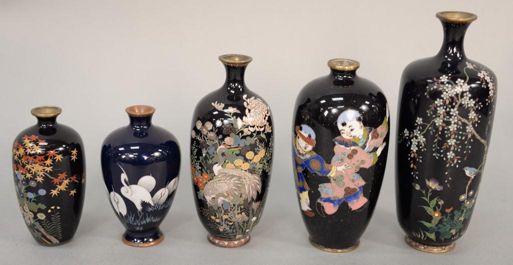 Group of five black Cloisonne enamel vases,Japan,: Group of five black Cloisonne enamel vases, Japan, 19th/20th century Meiji/Taisho Periods, one decorated with children and the others with flowering branches. height 3.5-6 inches.