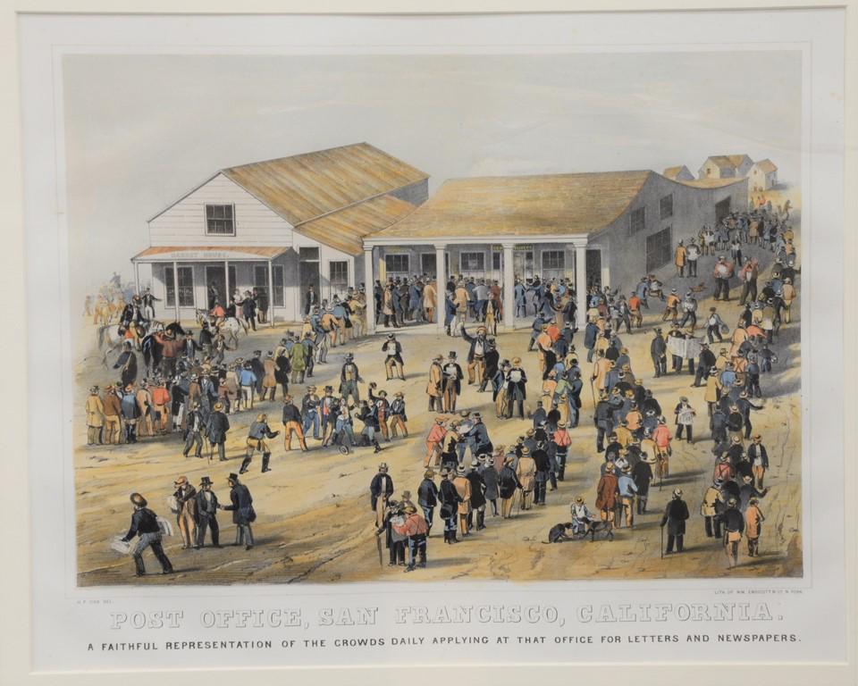 After H.F. Cox William Endicott, hand colored: After H.F. Cox William Endicott, hand colored lithograph, "Post Office, San Francisco, California", a faithful representation of the crowds daily applying at the office for letters and newspapers, sig