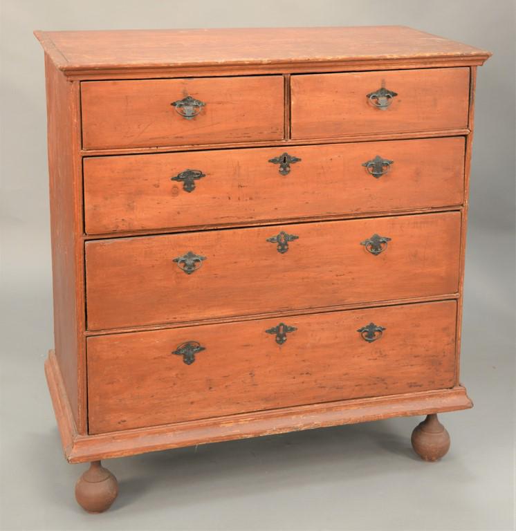 Queen Anne chest having molded cornice top over two top: Queen Anne chest having molded cornice top over two top short drawers over three graduating drawers, set on ball feet, feet replaced, repainted. height 39 1/4 inches, width 35 inches. Provenance: Esta