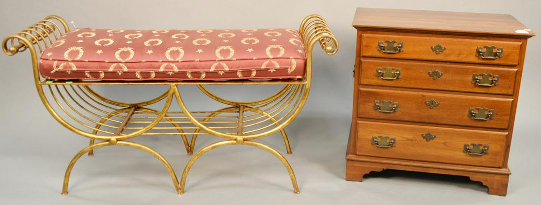 Two piece lot to include Pennsylvania House four drawer: Two piece lot to include Pennsylvania House four drawer cherry diminutive chest along with window bench having iron frame and upholstered seat. bench lg. 44 in., chest ht. 24 in., top: 14 1/2" x 24".