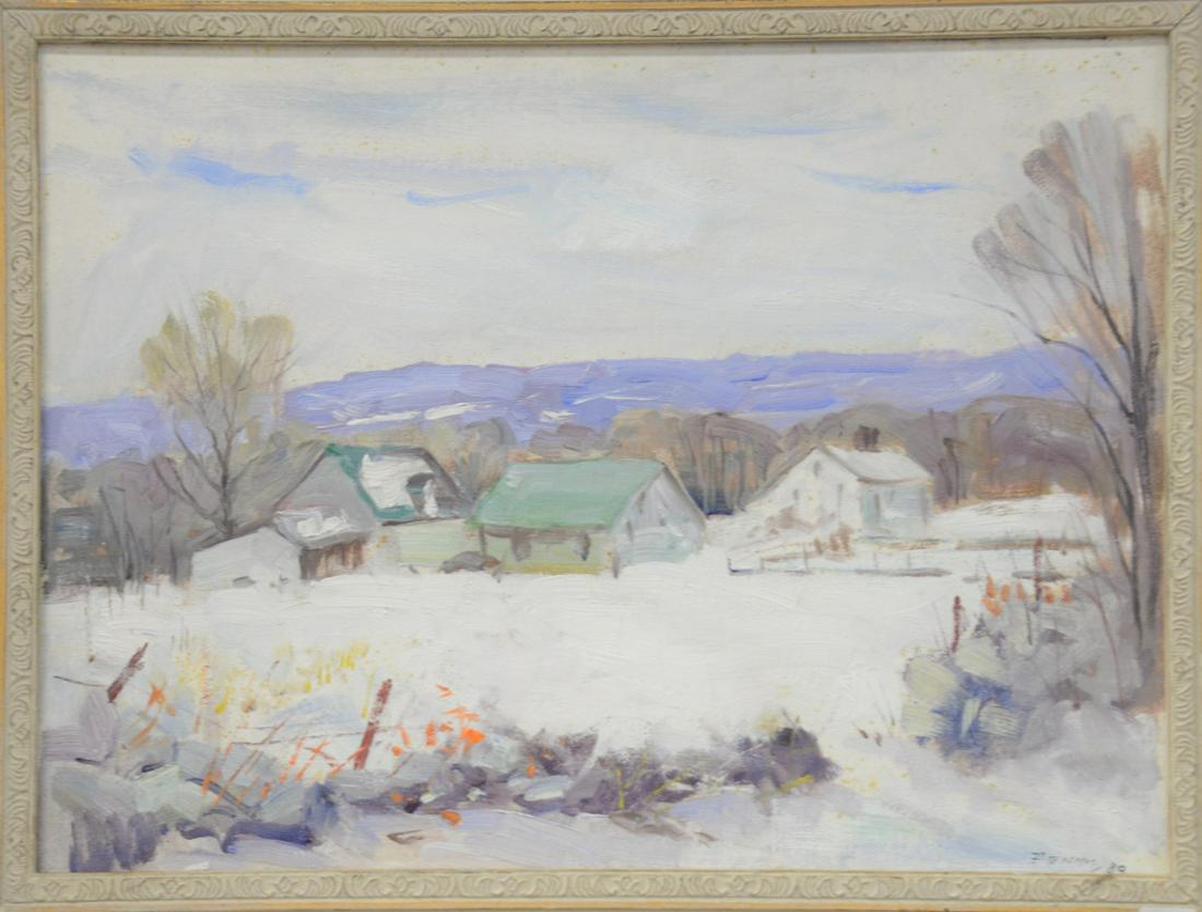 Roger Dennis (1902-1996), oil on board, "Farm in Winter: Roger Dennis (1902-1996), oil on board, "Farm in Winter 1989", signed lower right Dennis 89, 12" x 16".