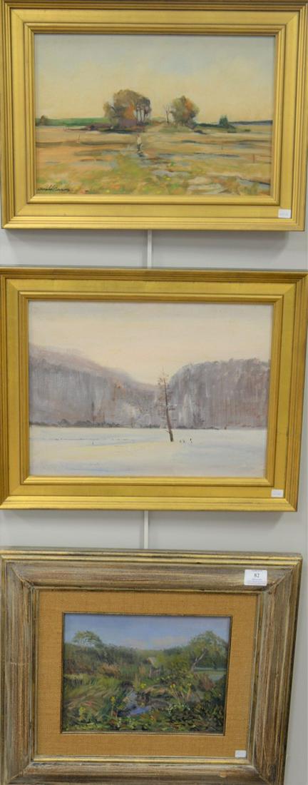 Three oil paintings including two Nelson Holbrook White: Three oil paintings including two Nelson Holbrook White (b. 1932) signed oil on boards "Woods, Shelter Harbor", 11" x 14" and "Winter Landscape Switzerland", 12" x 16"; along with Jerry Caron, oil on 