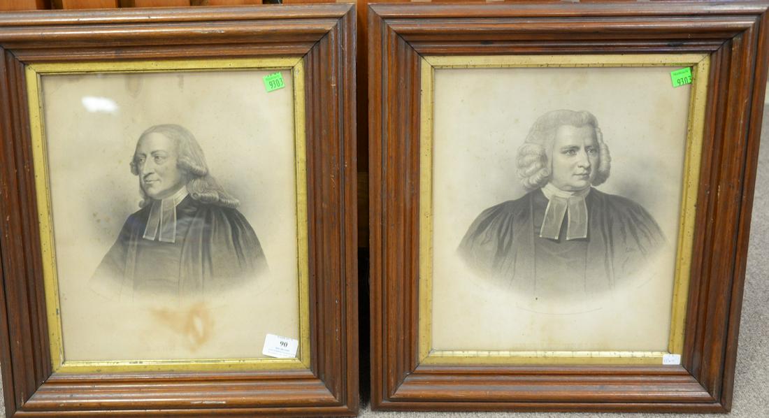 Pair of engraved framed portraits, John Wesley and: Pair of engraved framed portraits, John Wesley and Charles Wesley, engraved by A.H. Ritchie, John Wesley having copy of 1993 receipt from Maine, 13" x 11".