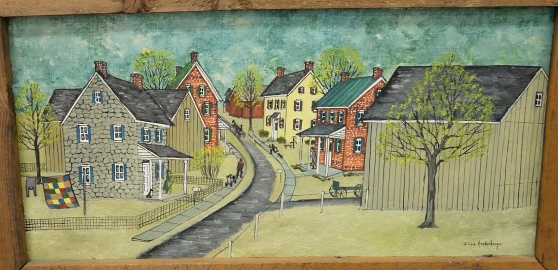 Dolores Hackenberger (American b. 1930), acrylic on: Dolores Hackenberger (American b. 1930), acrylic on board, Amish Farmland, Lancaster Country, Pa., n.d., signed lower right, framed, sight size 9 1/2" x 19 1/2".