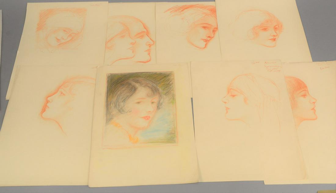 Charles Sheldon (1889-1960), group of eight colored: Charles Sheldon (1889-1960), group of eight colored pencil Illustration sketches, Mary Brian, Mary Pickford, Viola Diana?, Pola Megan?, portrait bust sketches, all unsigned, sheet size 16" x 12".