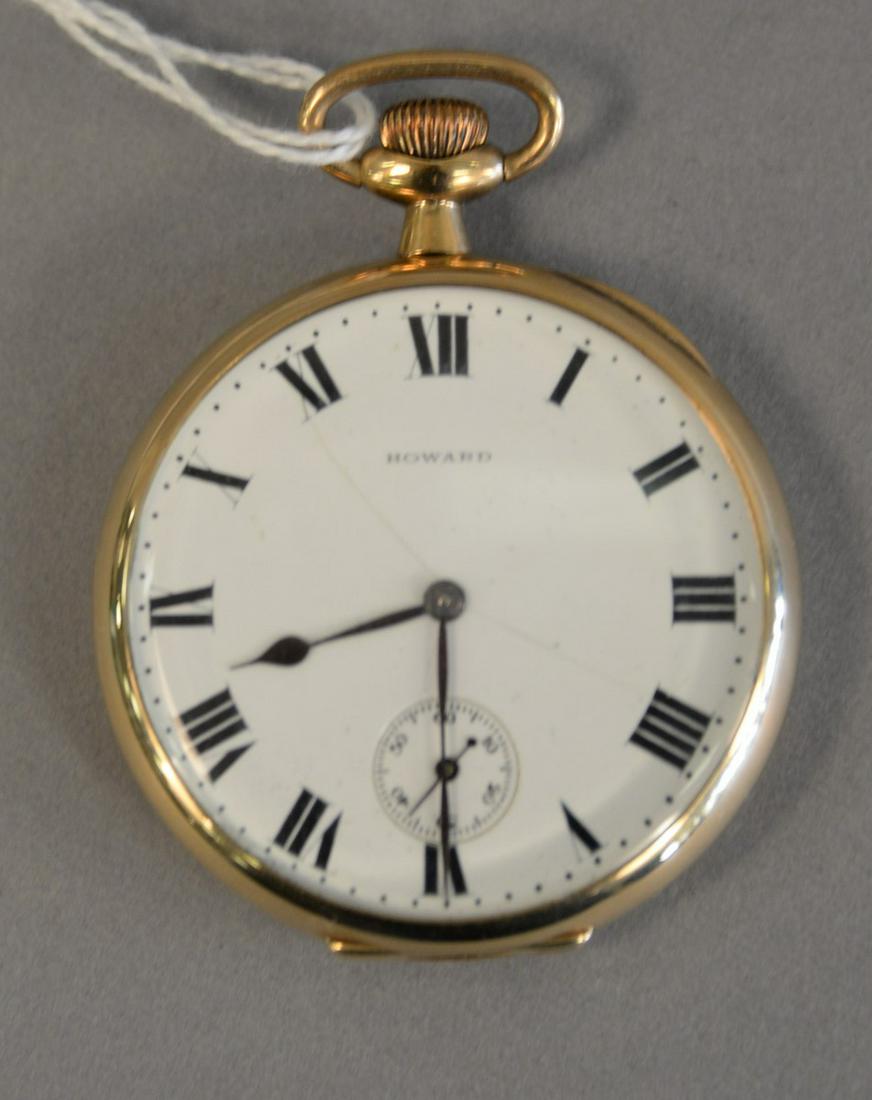 14K white gold Howard open face pocket watch, case and: 14K white gold Howard open face pocket watch, case and works signed E. Howard Watch co., Boston, (hairline crack in dial), 45.8mm.