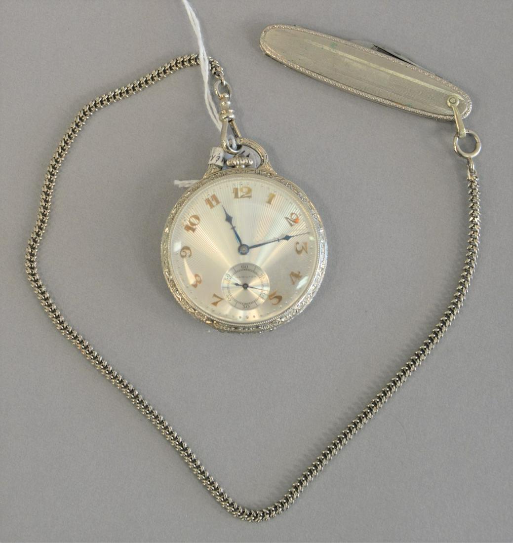 14K white gold Hamilton open face pocket watch along: 14K white gold Hamilton open face pocket watch along with 14K white gold watch chain, watch monogrammed: to Charles Giles Westminster Mass, 44.7mm.