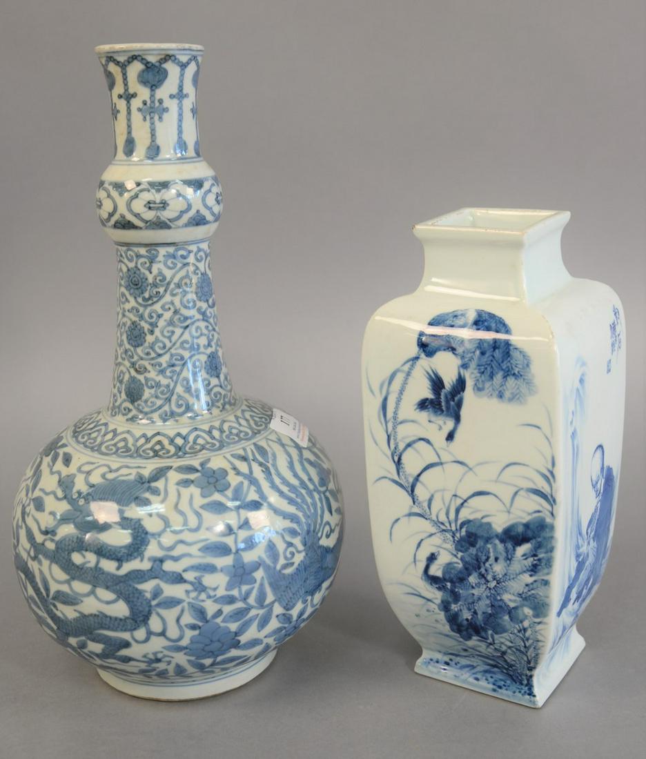 Two Chinese blue and white porcelain vases, ht. 15 in.;: Two Chinese blue and white porcelain vases, ht. 15 in.; double gourd vase having phoenix bird and dragons; and a square vase with painted scholars and landscape, ht. 11 in.