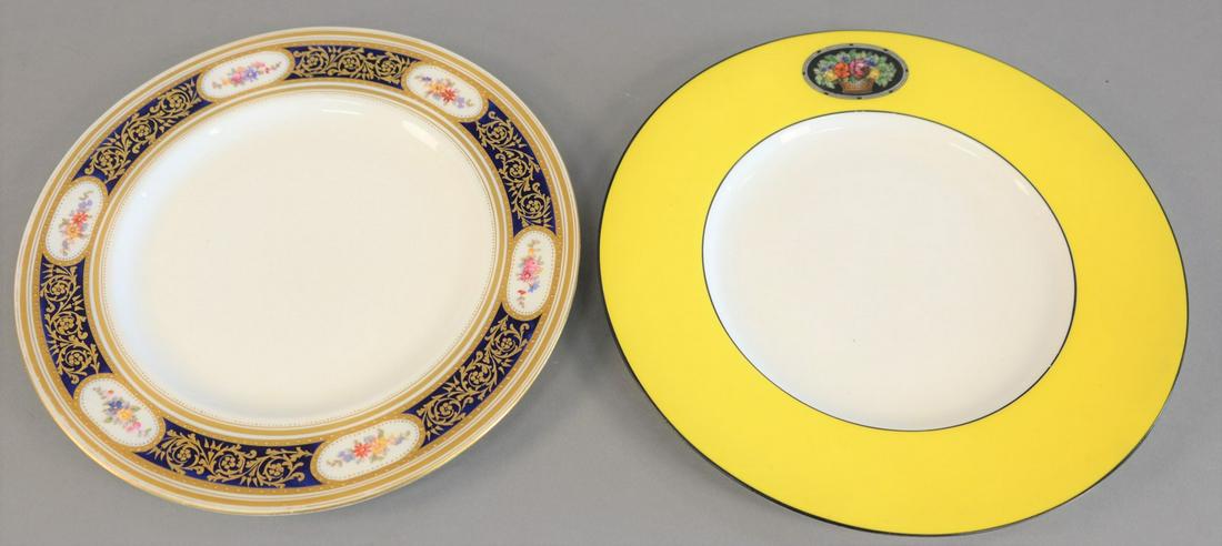 Two sets of plates, twelve royal worcester yellow: Two sets of plates, twelve royal worcester yellow ground plates circa 1916 puce crown mark along with eleven Burley porcelain blue ground plates with raised gilt border. royal plates dia. 10 1/2 in., 