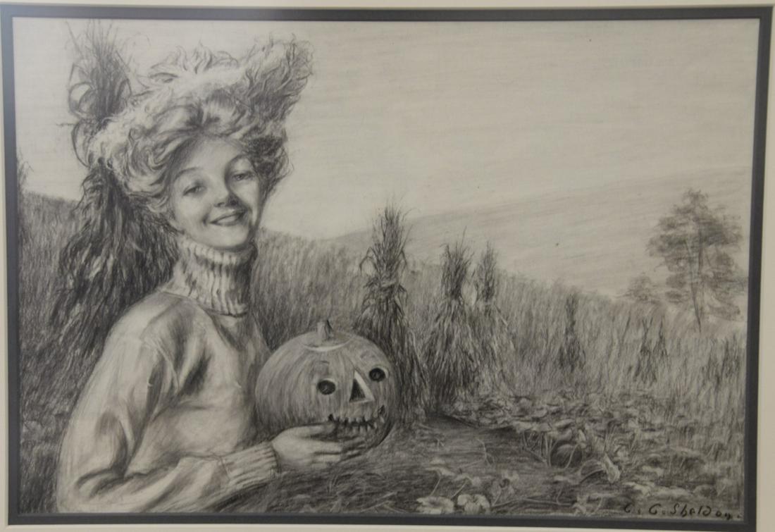 Charles Sheldon (1889-1960), pencil and charcoal on: Charles Sheldon (1889-1960), pencil and charcoal on paper, Hold a Pumpkin in Halloween corn field landscape, signed lower right C.G. Sheldon, sight size 11" x 15 3/4".