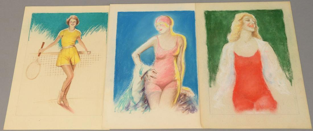 Charles Sheldon (1889-1960), set of three Illustration: Charles Sheldon (1889-1960), set of three Illustration Glamour portraits, two swimsuits and one tennis, unsigned. 13 3/4" x 10 1/4".