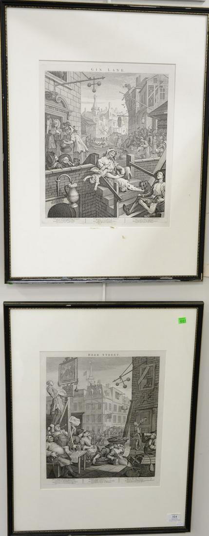Pair of William Hogarth engravings "Gin Lane" and "Beer: Pair of William Hogarth engravings "Gin Lane" and "Beer Street", 16" x 13 1/4".